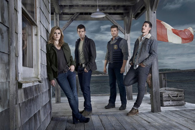 Pictured: (l-r) Emily Rose as Audrey Parker, Lucas Bryant as Nathan Wuornos, Adam Copeland as Dwight Hendrickson, Eric Balfour as Duke Crocker -- (Photo by: Steven Wilkie/Syfy)